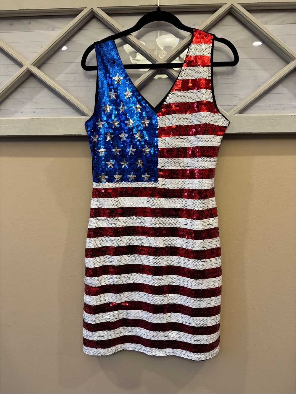 American Flag Sequin Dress V-Neck Sleeveless USA Patriotic Glitter Tank Dress Lg